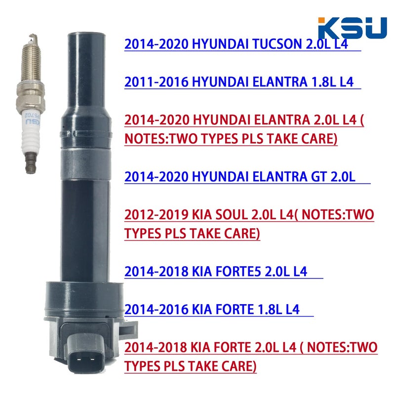 KSU Ignition Coil Pack with Iridium spark plug for Kia Soul Forte Forte5 Hyundai Tucson Elantra Elantra GT (1.8L 2.0L ONLY) 2011-2016 Replacement for UF651 5C1861 C1804 1788511 273002E000(4 set) - Image 3